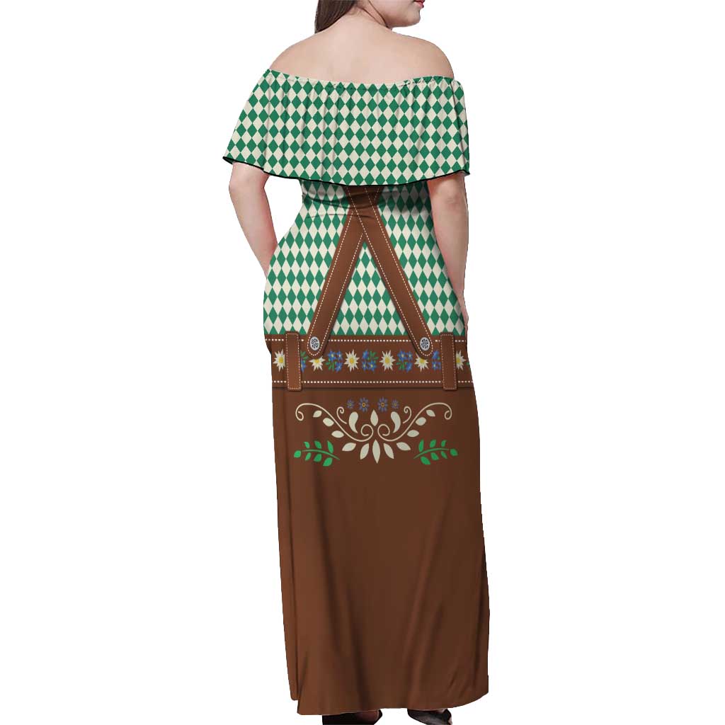Lederhosen Oktoberfest Off Shoulder Maxi Dress Green Edelweiss Floral Polka Dots - Wonder Print Shop