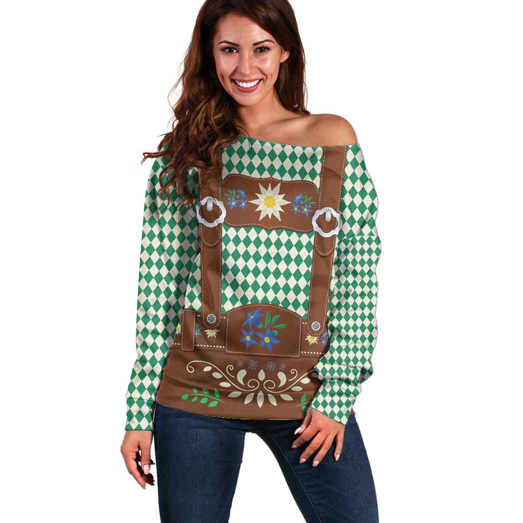 Lederhosen Oktoberfest Off Shoulder Sweater Green Edelweiss Floral Polka Dots - Wonder Print Shop