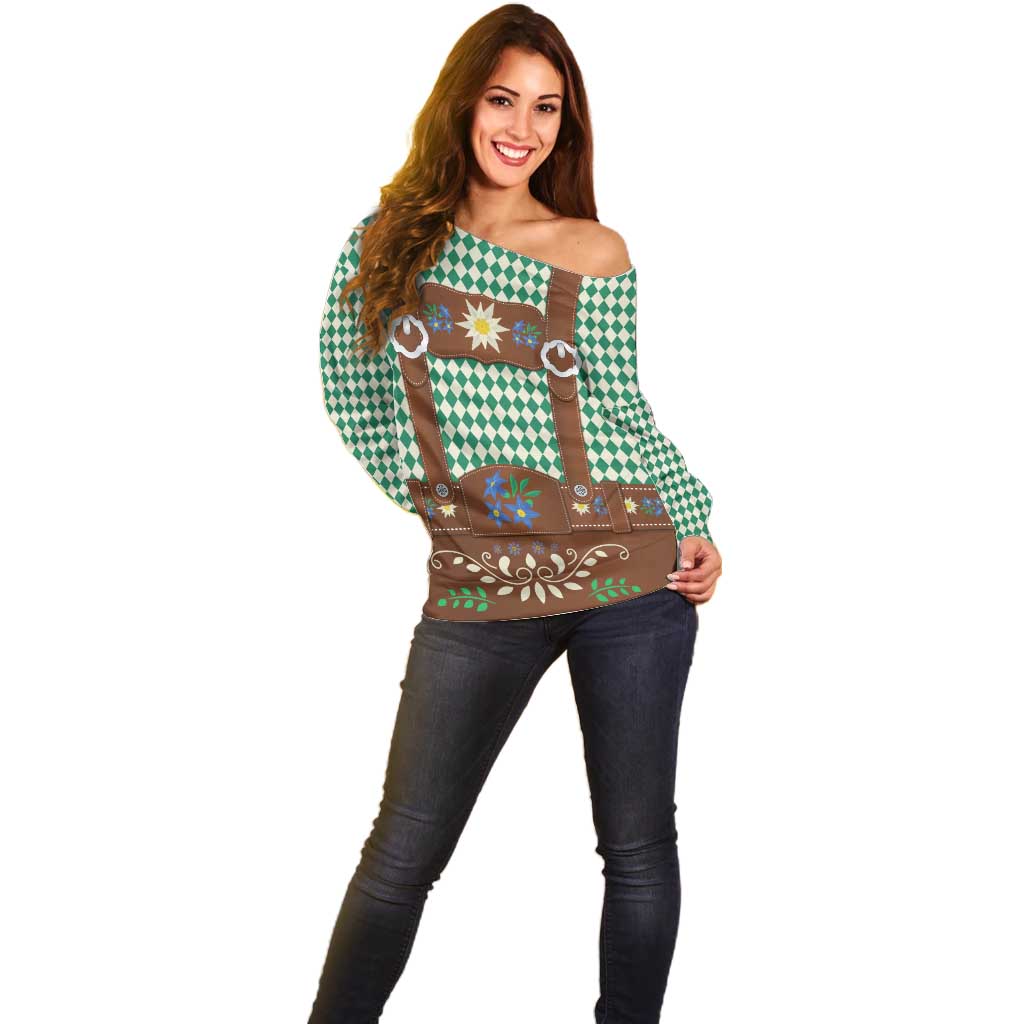 Lederhosen Oktoberfest Off Shoulder Sweater Green Edelweiss Floral Polka Dots - Wonder Print Shop