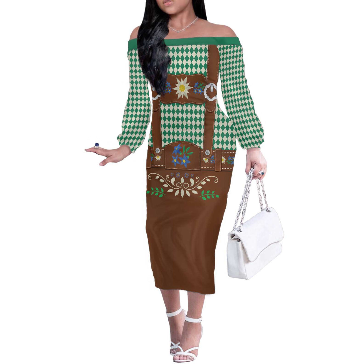 Lederhosen Oktoberfest Off The Shoulder Long Sleeve Dress Green Edelweiss Floral Polka Dots - Wonder Print Shop