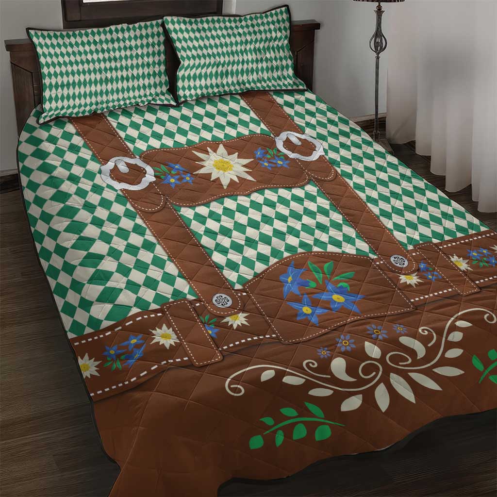 Lederhosen Oktoberfest Quilt Bed Set Green Edelweiss Floral Polka Dots - Wonder Print Shop