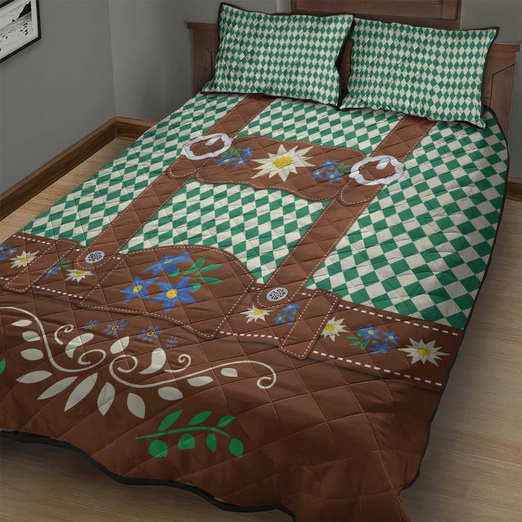 Lederhosen Oktoberfest Quilt Bed Set Green Edelweiss Floral Polka Dots - Wonder Print Shop