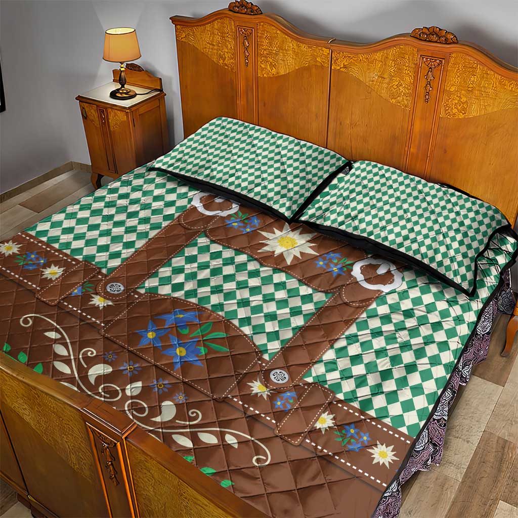 Lederhosen Oktoberfest Quilt Bed Set Green Edelweiss Floral Polka Dots - Wonder Print Shop