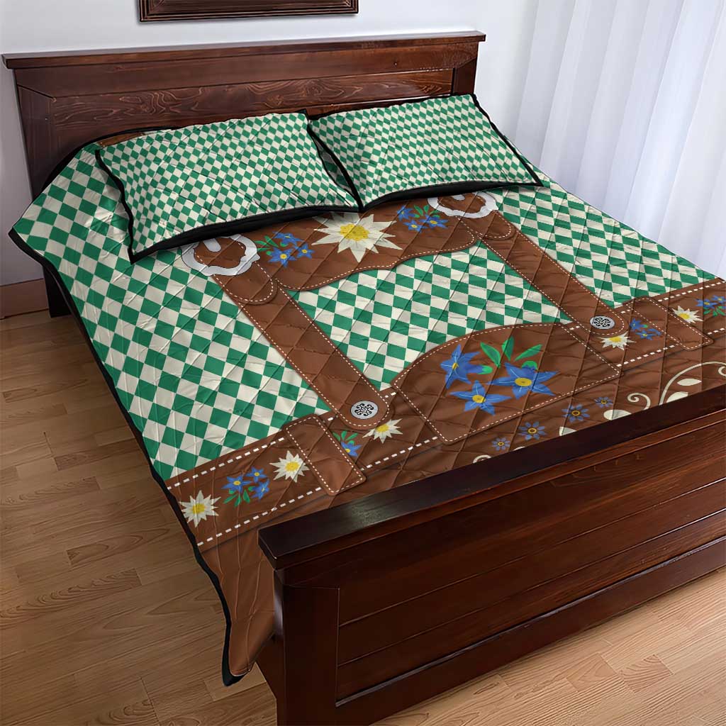 Lederhosen Oktoberfest Quilt Bed Set Green Edelweiss Floral Polka Dots - Wonder Print Shop