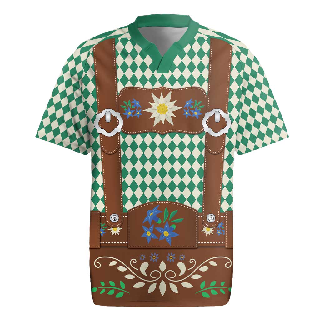Lederhosen Oktoberfest Rugby Jersey Green Edelweiss Floral Polka Dots - Wonder Print Shop