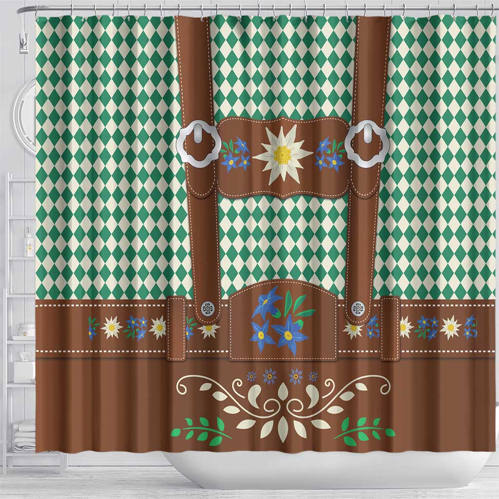 Lederhosen Oktoberfest Shower Curtain Green Edelweiss Floral Polka Dots - Wonder Print Shop