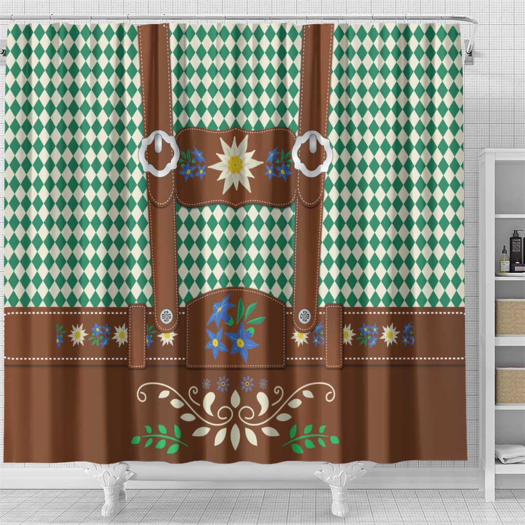 Lederhosen Oktoberfest Shower Curtain Green Edelweiss Floral Polka Dots - Wonder Print Shop