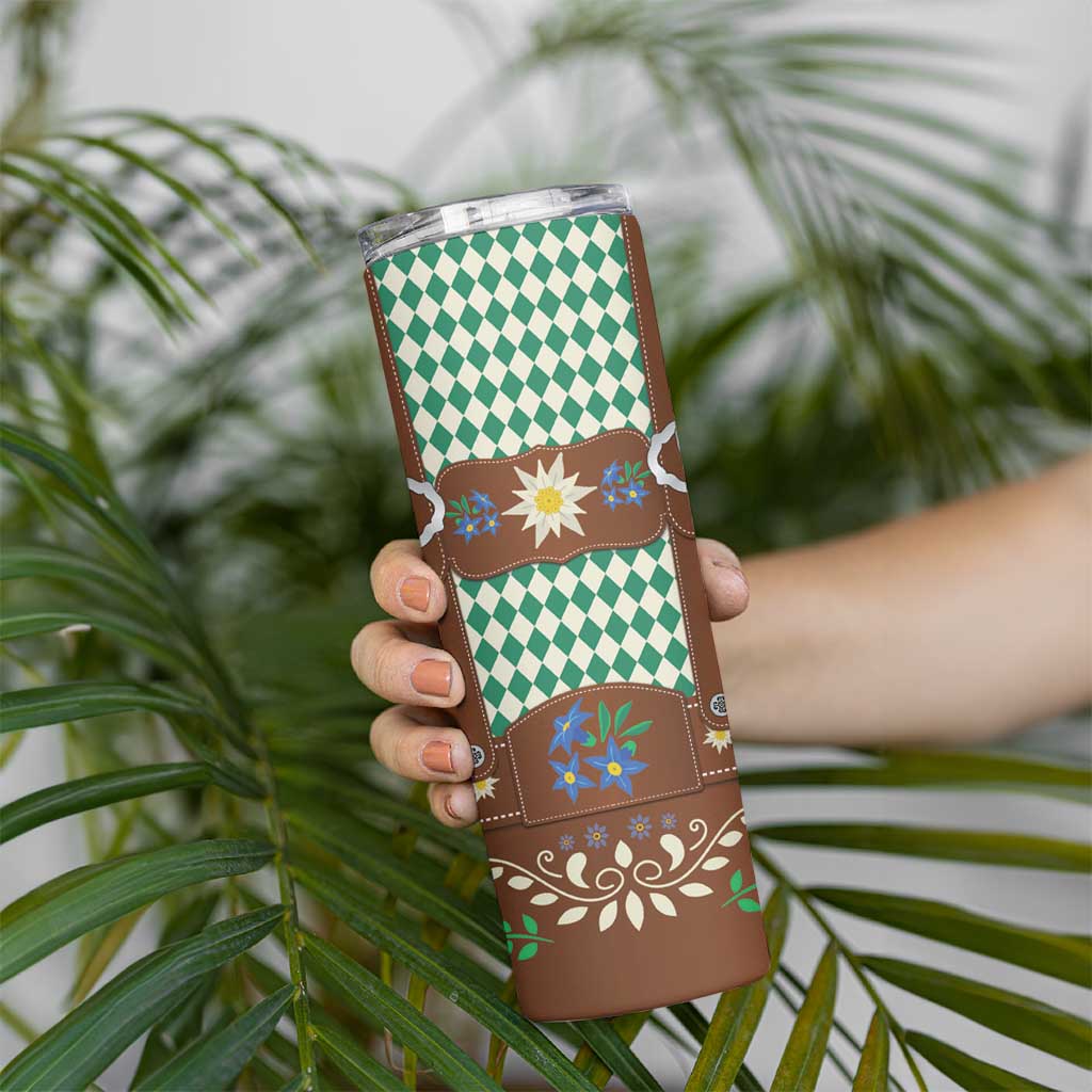 Lederhosen Oktoberfest Skinny Tumbler Green Edelweiss Floral Polka Dots - Wonder Print Shop
