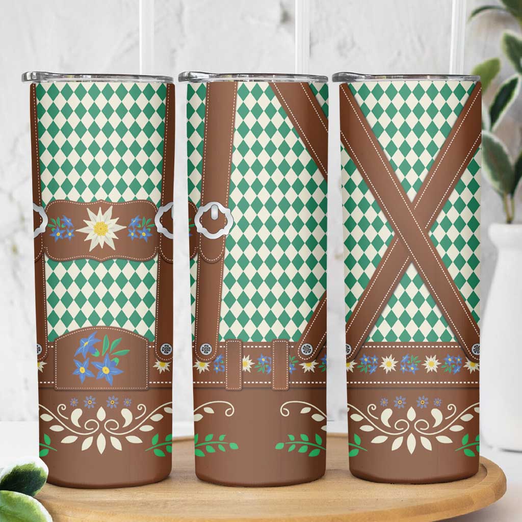 Lederhosen Oktoberfest Skinny Tumbler Green Edelweiss Floral Polka Dots - Wonder Print Shop