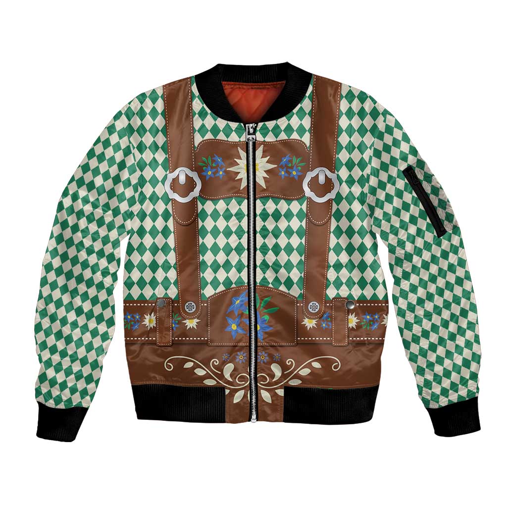 Lederhosen Oktoberfest Sleeve Zip Bomber Jacket Green Edelweiss Floral Polka Dots - Wonder Print Shop