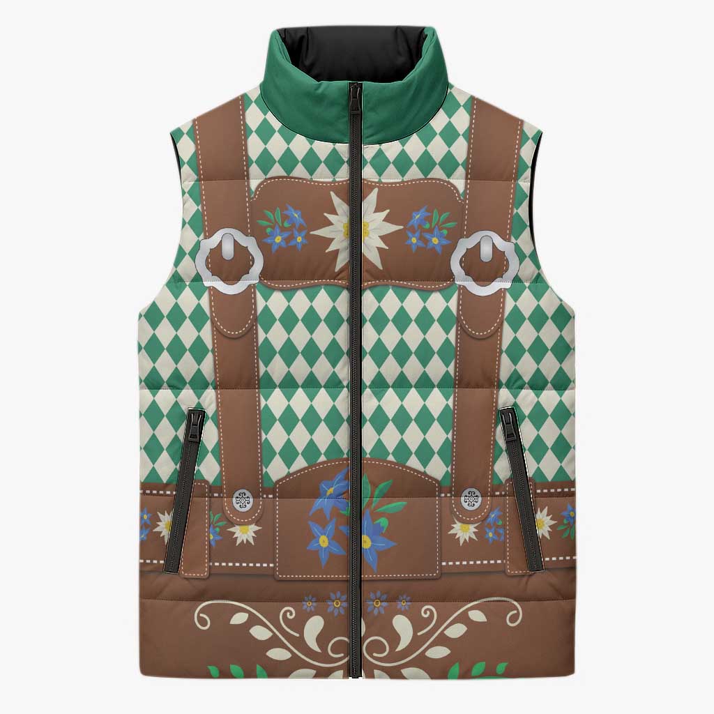 Lederhosen Oktoberfest Sleeveless Puffer Jacket Green Edelweiss Floral Polka Dots - Wonder Print Shop