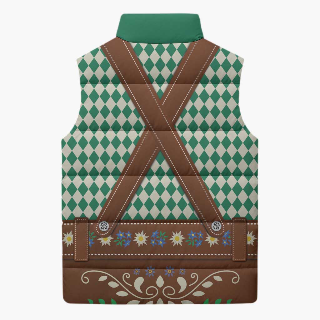 Lederhosen Oktoberfest Sleeveless Puffer Jacket Green Edelweiss Floral Polka Dots - Wonder Print Shop