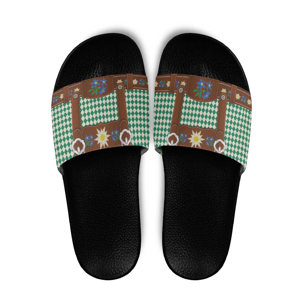 Lederhosen Oktoberfest Slide Sandals Green Edelweiss Floral Polka Dots - Wonder Print Shop