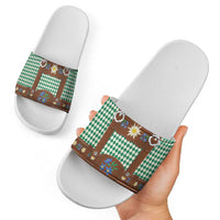 Lederhosen Oktoberfest Slide Sandals Green Edelweiss Floral Polka Dots - Wonder Print Shop