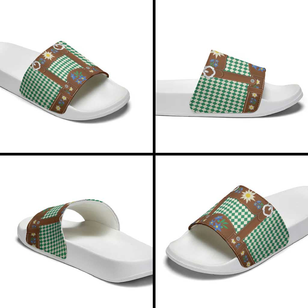 Lederhosen Oktoberfest Slide Sandals Green Edelweiss Floral Polka Dots - Wonder Print Shop