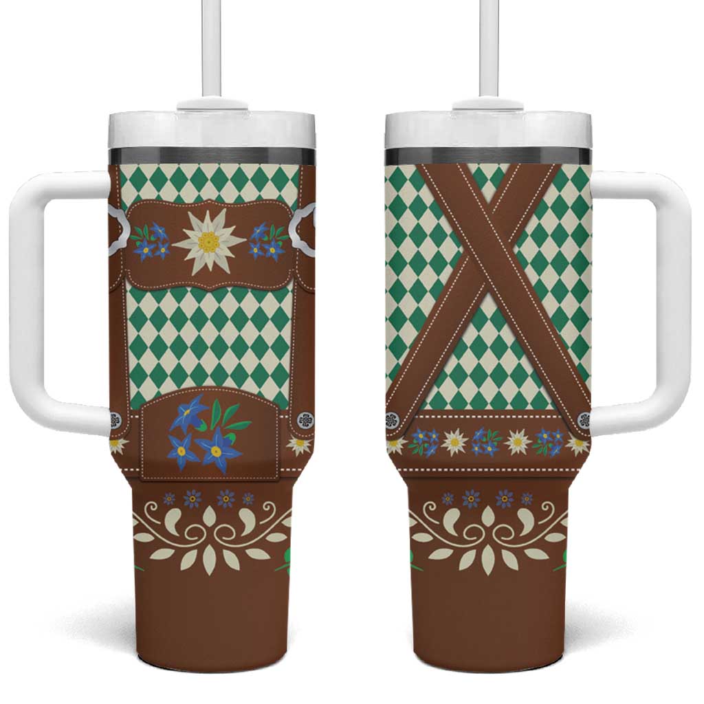 Lederhosen Oktoberfest Tumbler With Handle Green Edelweiss Floral Polka Dots - Wonder Print Shop