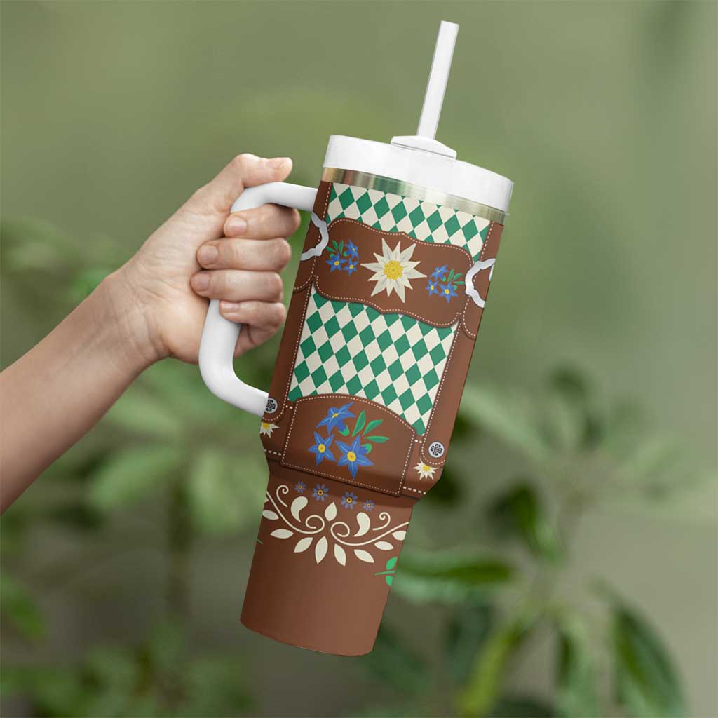Lederhosen Oktoberfest Tumbler With Handle Green Edelweiss Floral Polka Dots - Wonder Print Shop