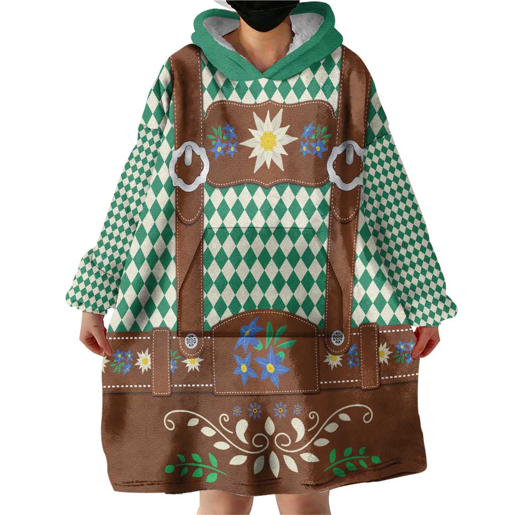 Lederhosen Oktoberfest Wearable Blanket Hoodie Green Edelweiss Floral Polka Dots - Wonder Print Shop