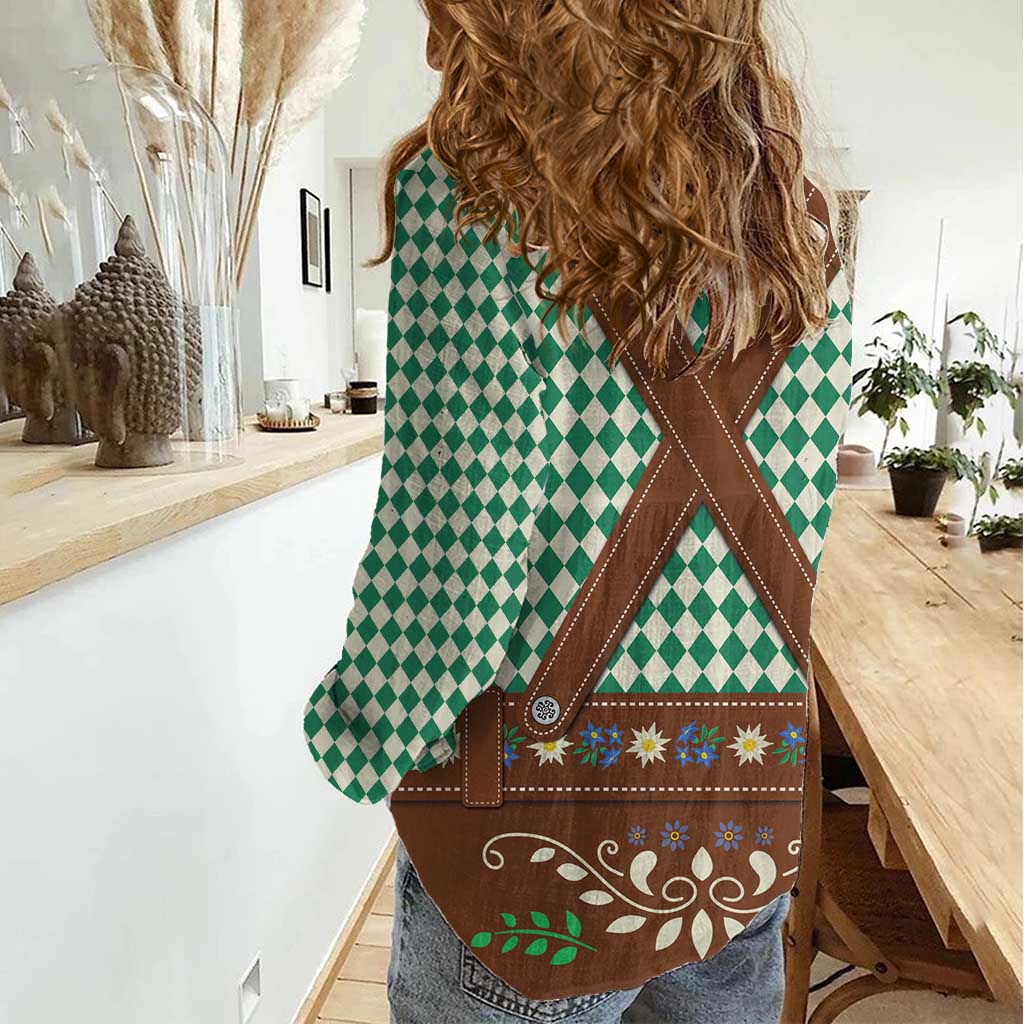 Lederhosen Oktoberfest Women Casual Shirt Green Edelweiss Floral Polka Dots - Wonder Print Shop