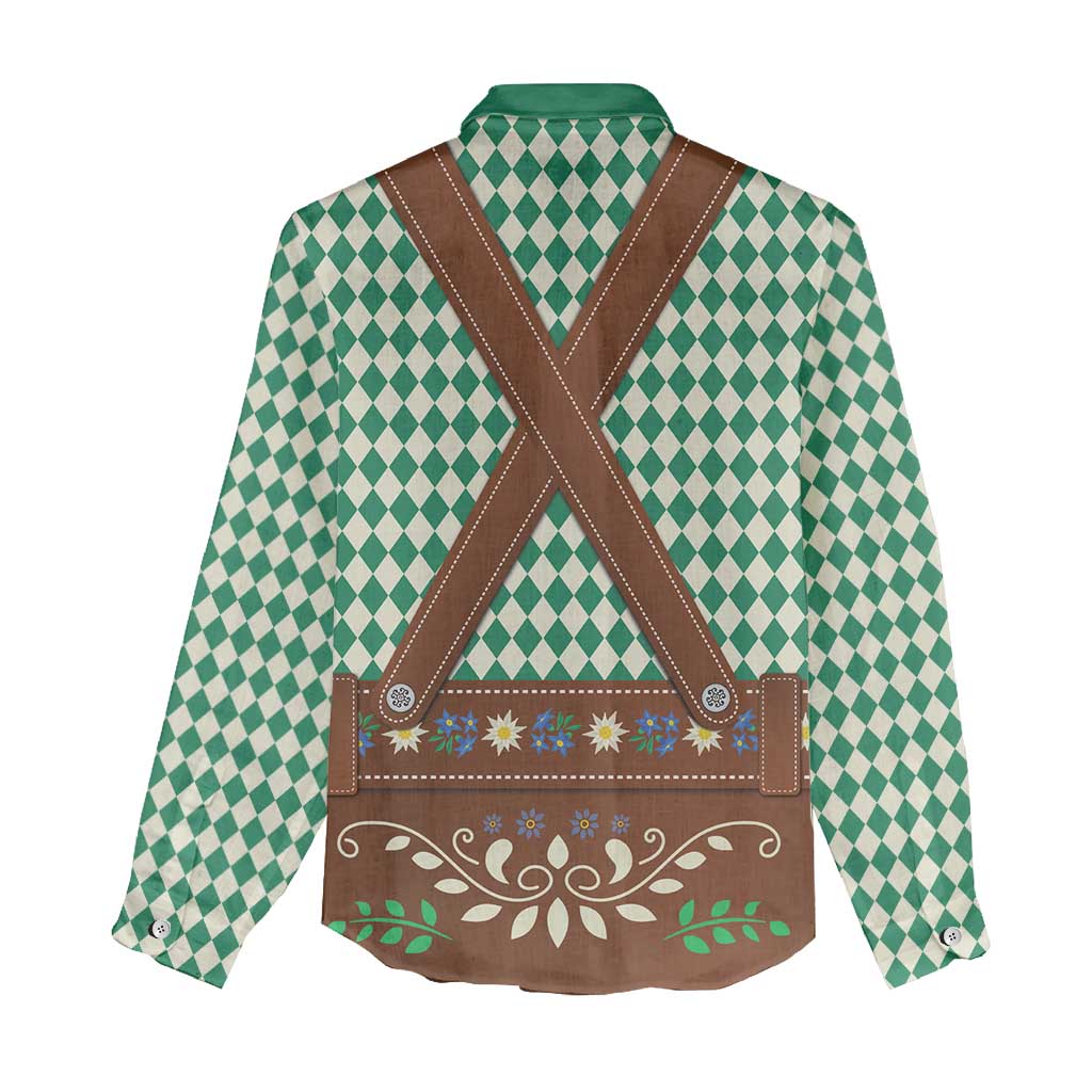 Lederhosen Oktoberfest Women Casual Shirt Green Edelweiss Floral Polka Dots - Wonder Print Shop