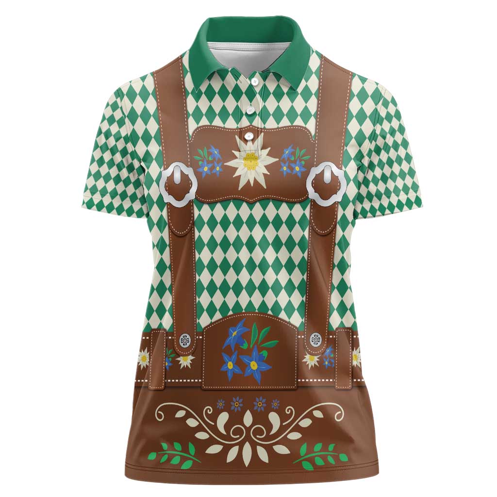 Lederhosen Oktoberfest Women Polo Shirt Green Edelweiss Floral Polka Dots - Wonder Print Shop