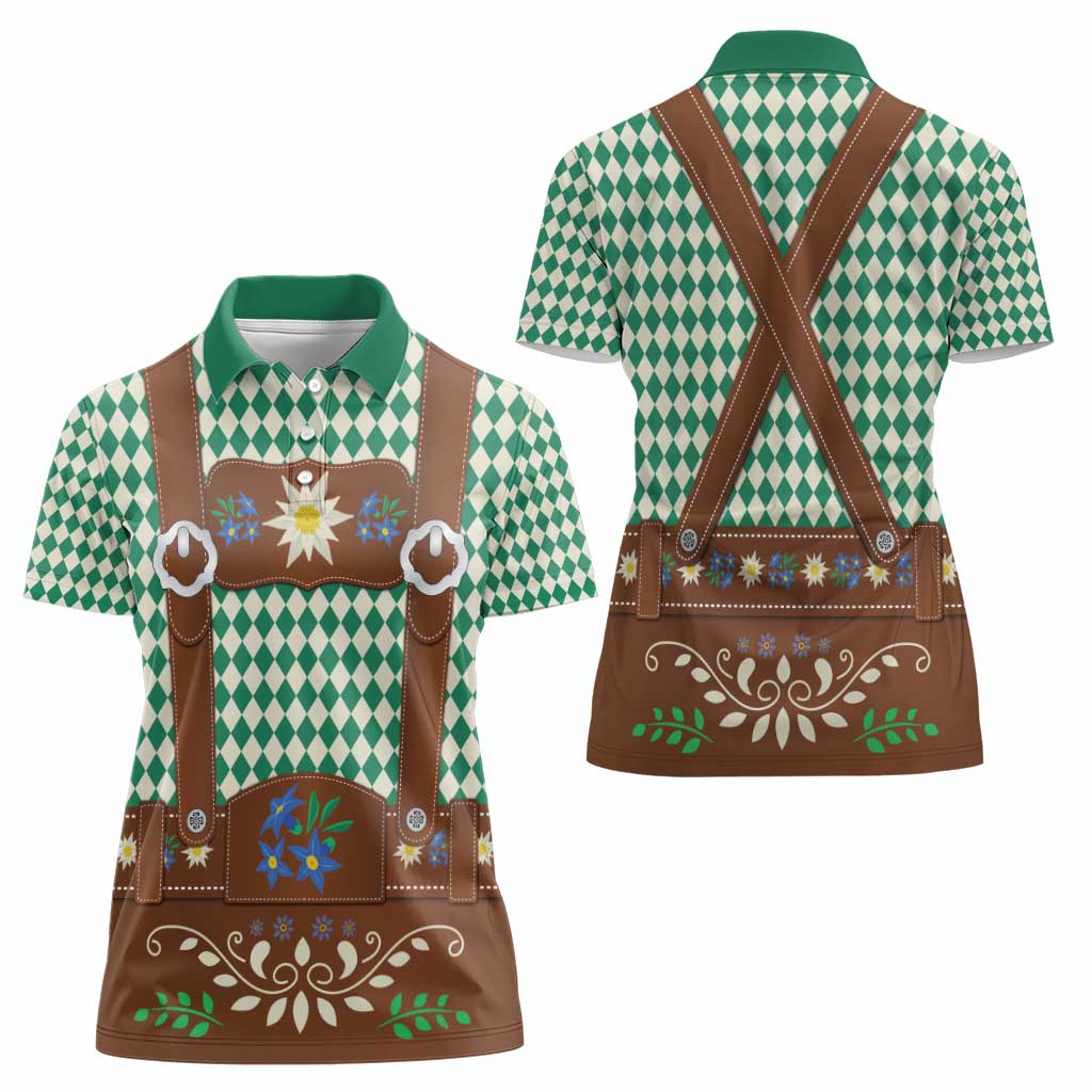 Lederhosen Oktoberfest Women Polo Shirt Green Edelweiss Floral Polka Dots - Wonder Print Shop