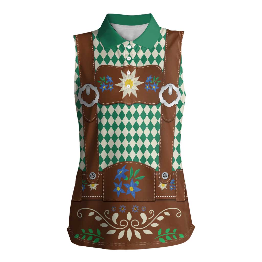 Lederhosen Oktoberfest Women Sleeveless Polo Shirt Green Edelweiss Floral Polka Dots - Wonder Print Shop