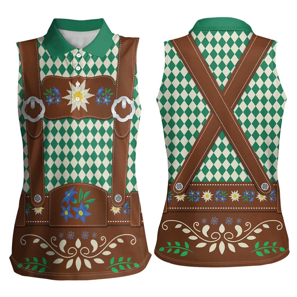 Lederhosen Oktoberfest Women Sleeveless Polo Shirt Green Edelweiss Floral Polka Dots - Wonder Print Shop