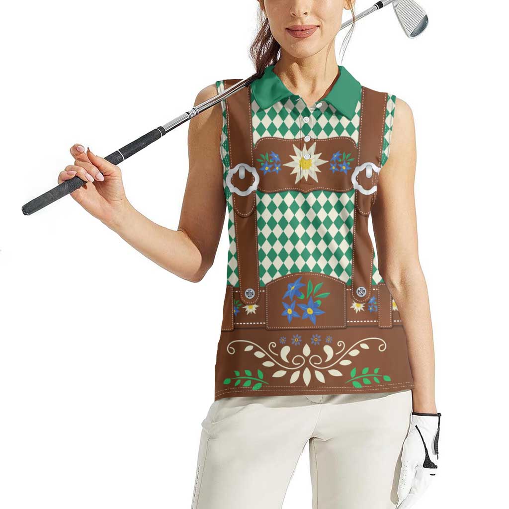 Lederhosen Oktoberfest Women Sleeveless Polo Shirt Green Edelweiss Floral Polka Dots - Wonder Print Shop
