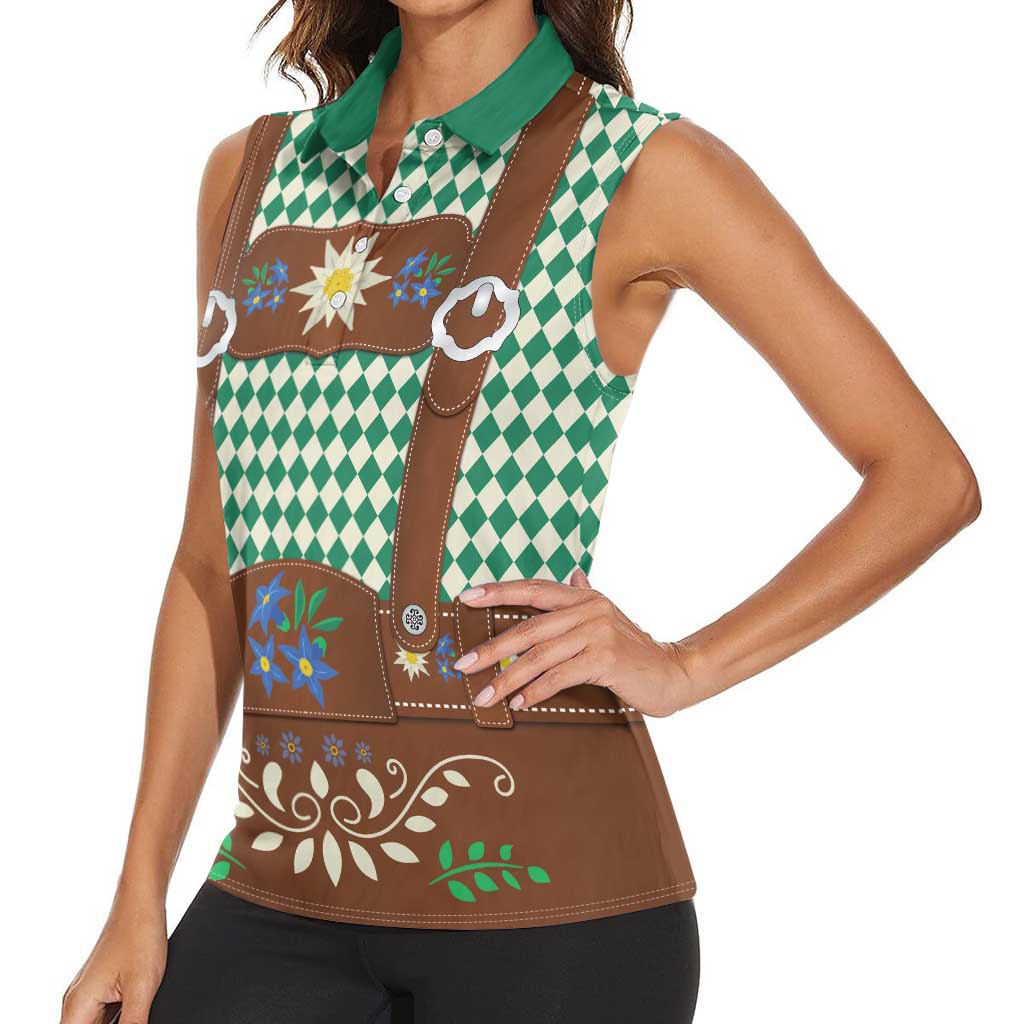 Lederhosen Oktoberfest Women Sleeveless Polo Shirt Green Edelweiss Floral Polka Dots - Wonder Print Shop
