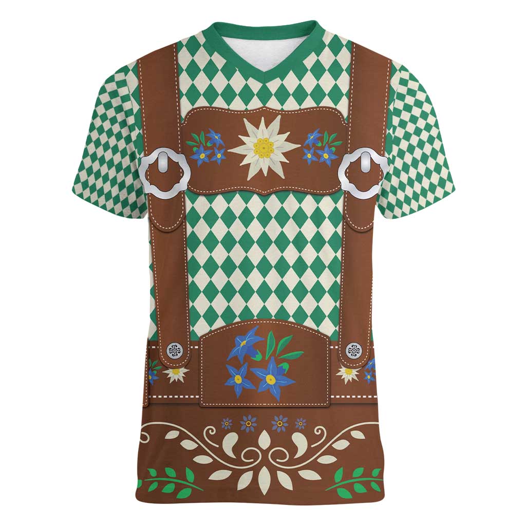 Lederhosen Oktoberfest Women V-Neck T-Shirt Green Edelweiss Floral Polka Dots - Wonder Print Shop