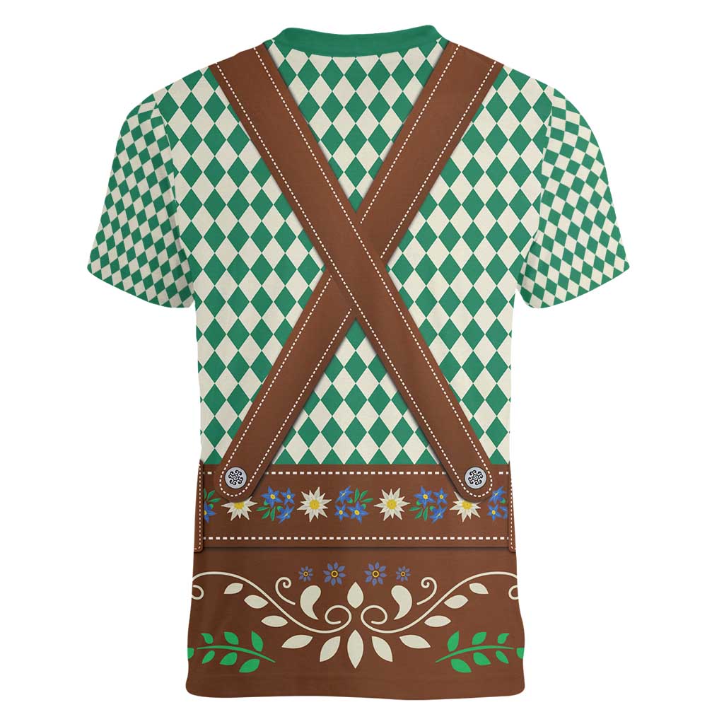 Lederhosen Oktoberfest Women V-Neck T-Shirt Green Edelweiss Floral Polka Dots - Wonder Print Shop