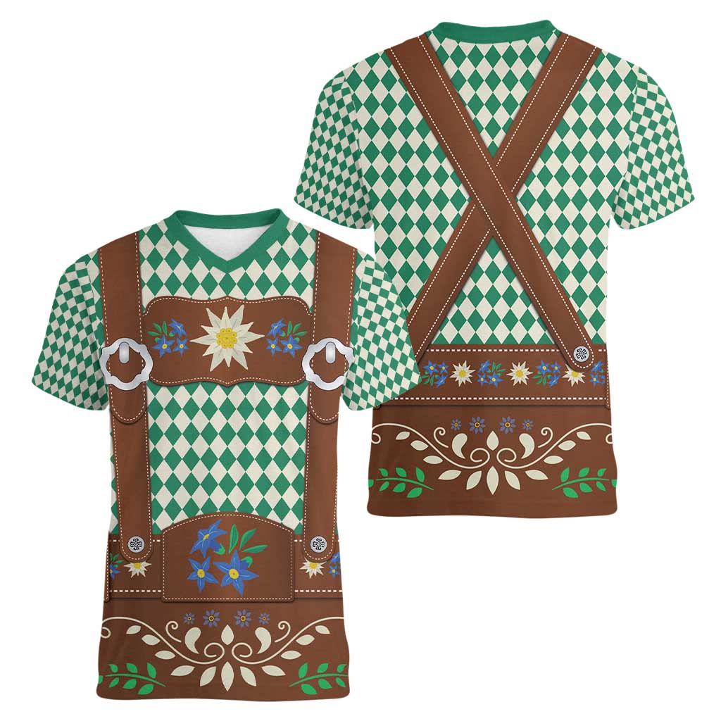 Lederhosen Oktoberfest Women V-Neck T-Shirt Green Edelweiss Floral Polka Dots - Wonder Print Shop