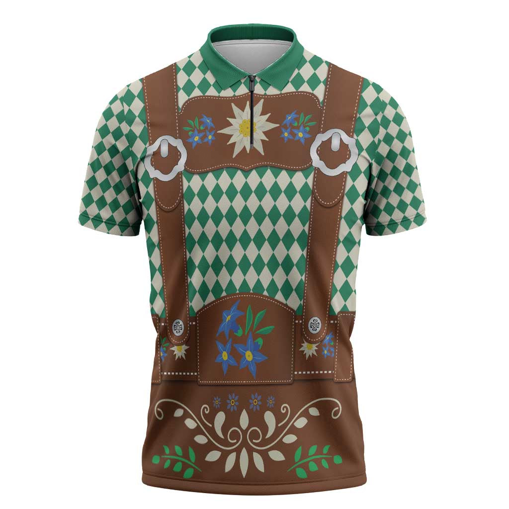 Lederhosen Oktoberfest Zipper Polo Shirt Green Edelweiss Floral Polka Dots - Wonder Print Shop