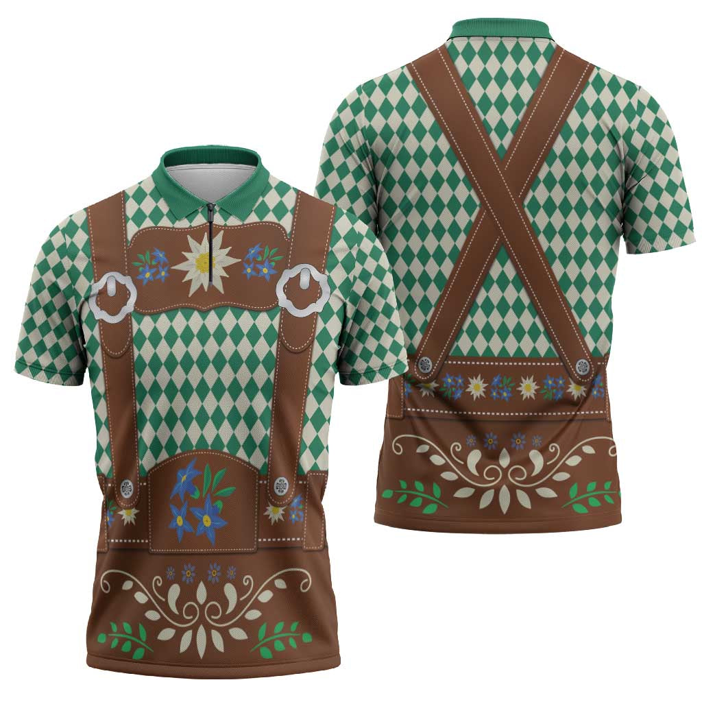 Lederhosen Oktoberfest Zipper Polo Shirt Green Edelweiss Floral Polka Dots - Wonder Print Shop