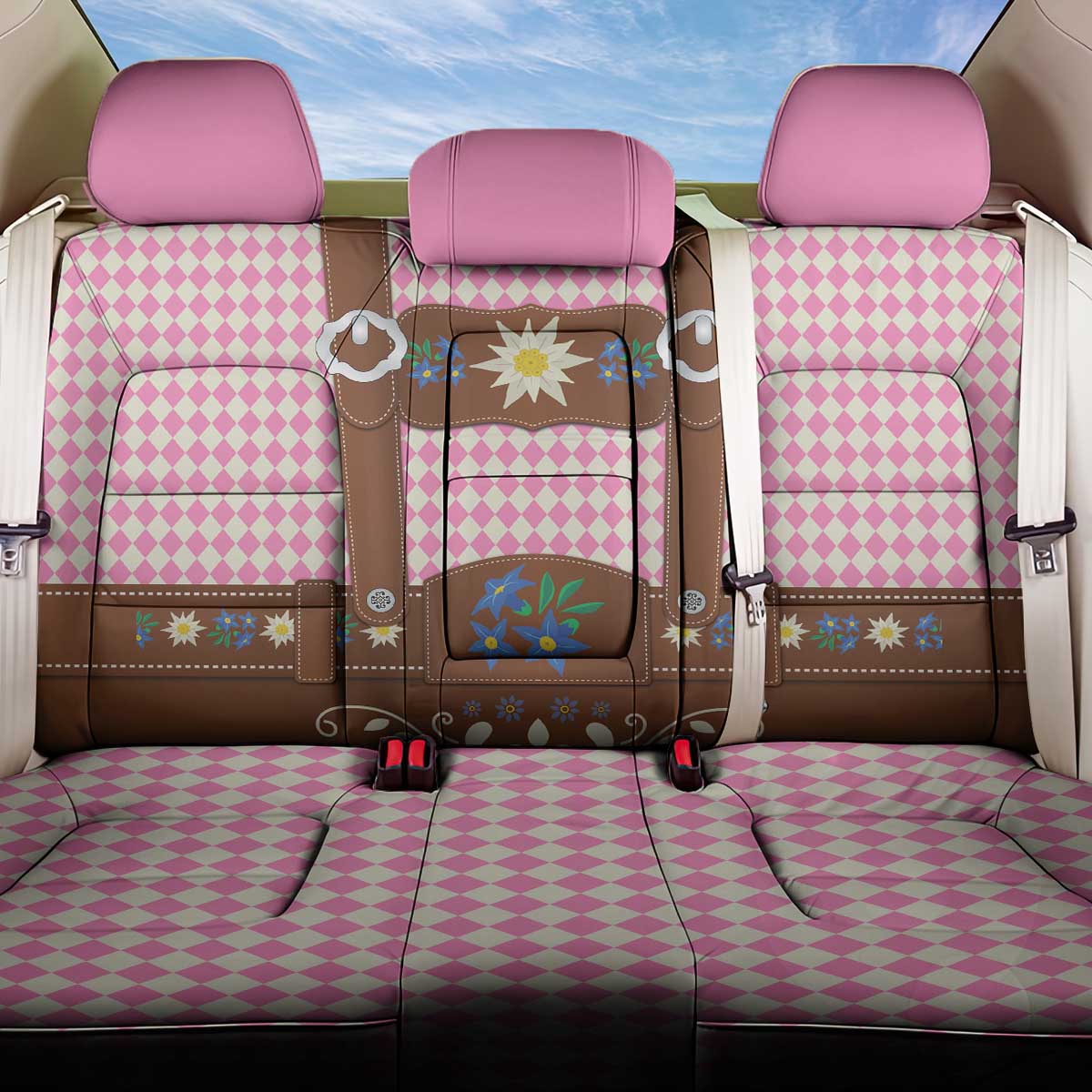 Lederhosen Oktoberfest Back Car Seat Cover Pink Edelweiss Floral Polka Dots - Wonder Print Shop