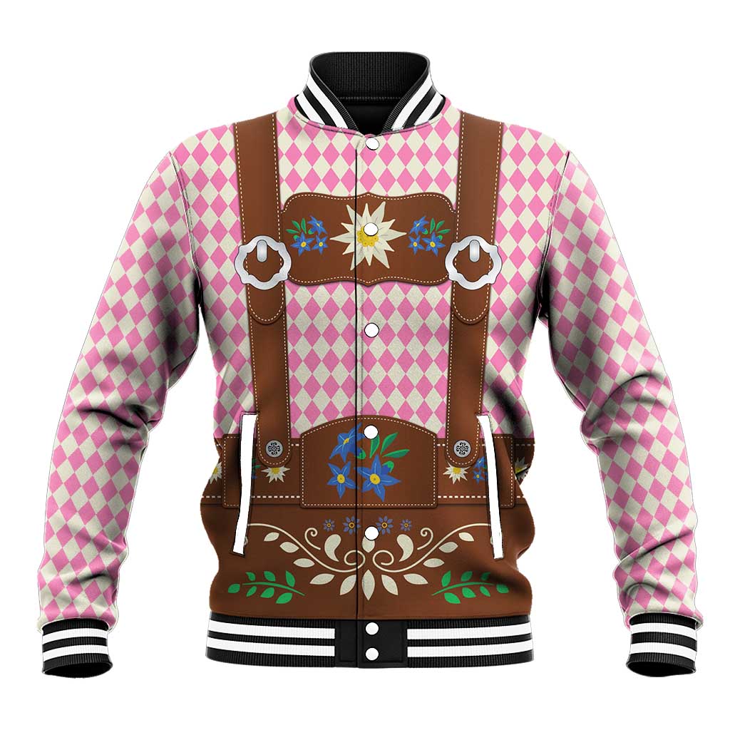 Lederhosen Oktoberfest Baseball Jacket Pink Edelweiss Floral Polka Dots - Wonder Print Shop
