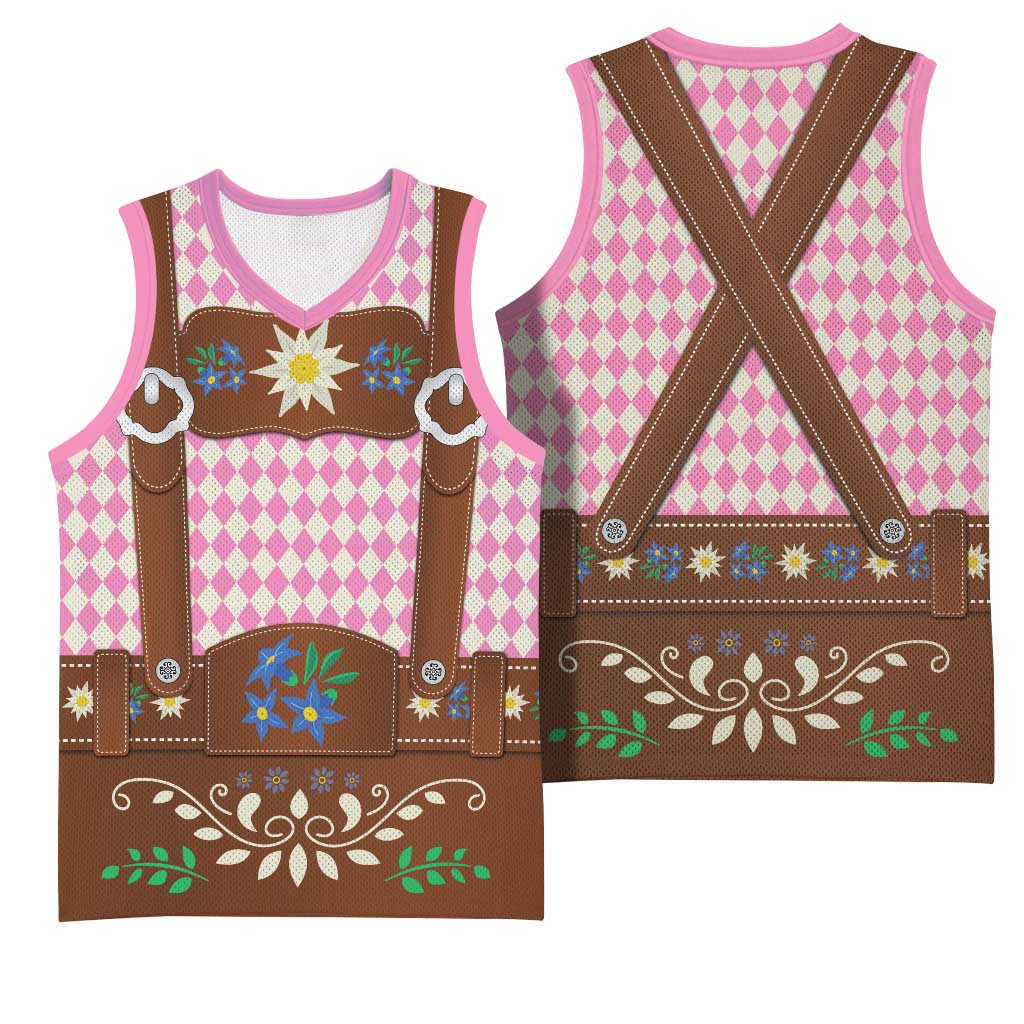 Lederhosen Oktoberfest Basketball Jersey Pink Edelweiss Floral Polka Dots - Wonder Print Shop