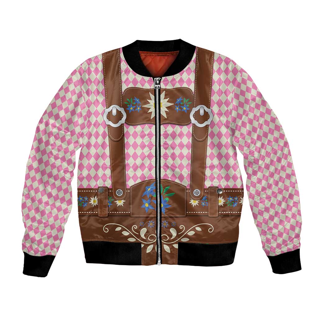 Lederhosen Oktoberfest Bomber Jacket Pink Edelweiss Floral Polka Dots - Wonder Print Shop