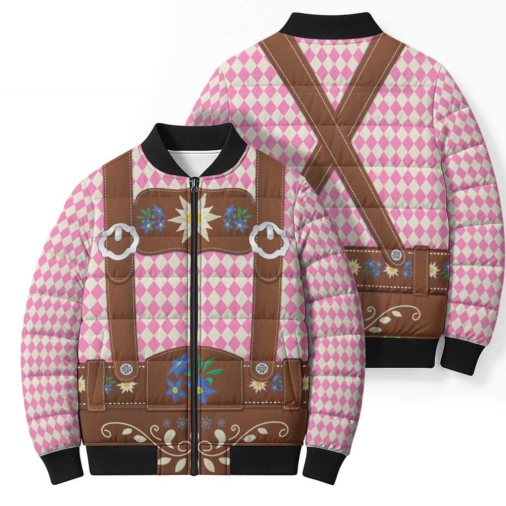 Lederhosen Oktoberfest Bomber Puffer Jacket Pink Edelweiss Floral Polka Dots - Wonder Print Shop