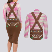 Lederhosen Oktoberfest Couples Matching Long Sleeve Bodycon Dress and Long Sleeve Button Shirt Pink Edelweiss Floral Polka Dots - Wonder Print Shop