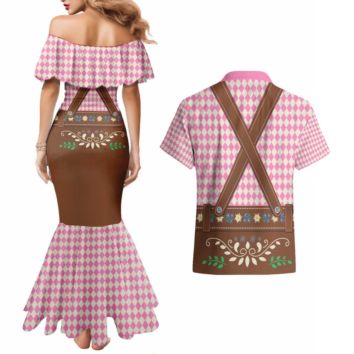 Lederhosen Oktoberfest Couples Matching Mermaid Dress and Hawaiian Shirt Pink Edelweiss Floral Polka Dots - Wonder Print Shop