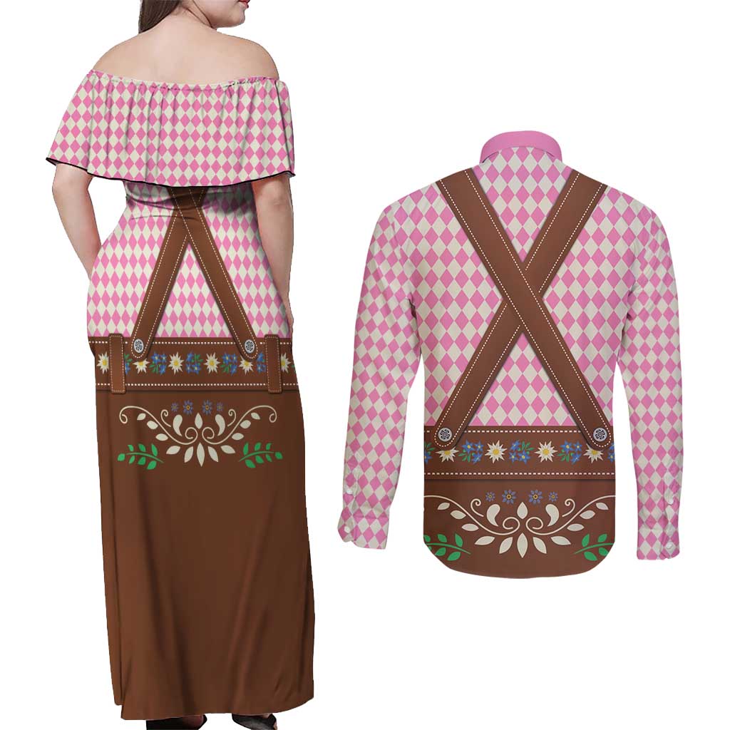 Lederhosen Oktoberfest Couples Matching Off Shoulder Maxi Dress and Long Sleeve Button Shirt Pink Edelweiss Floral Polka Dots - Wonder Print Shop