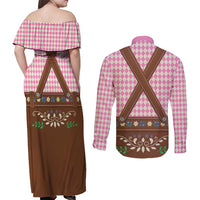 Lederhosen Oktoberfest Couples Matching Off Shoulder Maxi Dress and Long Sleeve Button Shirt Pink Edelweiss Floral Polka Dots - Wonder Print Shop