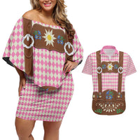 Lederhosen Oktoberfest Couples Matching Off Shoulder Short Dress and Hawaiian Shirt Pink Edelweiss Floral Polka Dots - Wonder Print Shop