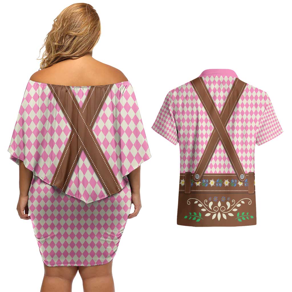Lederhosen Oktoberfest Couples Matching Off Shoulder Short Dress and Hawaiian Shirt Pink Edelweiss Floral Polka Dots - Wonder Print Shop