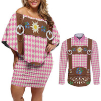 Lederhosen Oktoberfest Couples Matching Off Shoulder Short Dress and Long Sleeve Button Shirt Pink Edelweiss Floral Polka Dots - Wonder Print Shop