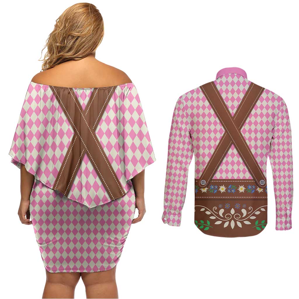 Lederhosen Oktoberfest Couples Matching Off Shoulder Short Dress and Long Sleeve Button Shirt Pink Edelweiss Floral Polka Dots - Wonder Print Shop