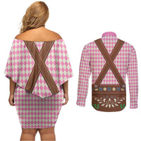 Lederhosen Oktoberfest Couples Matching Off Shoulder Short Dress and Long Sleeve Button Shirt Pink Edelweiss Floral Polka Dots - Wonder Print Shop