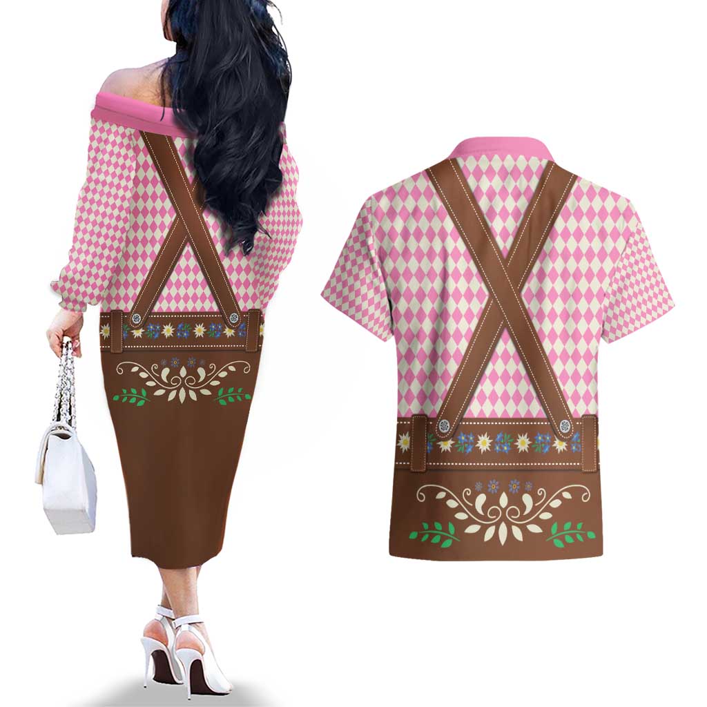 Lederhosen Oktoberfest Couples Matching Off The Shoulder Long Sleeve Dress and Hawaiian Shirt Pink Edelweiss Floral Polka Dots - Wonder Print Shop